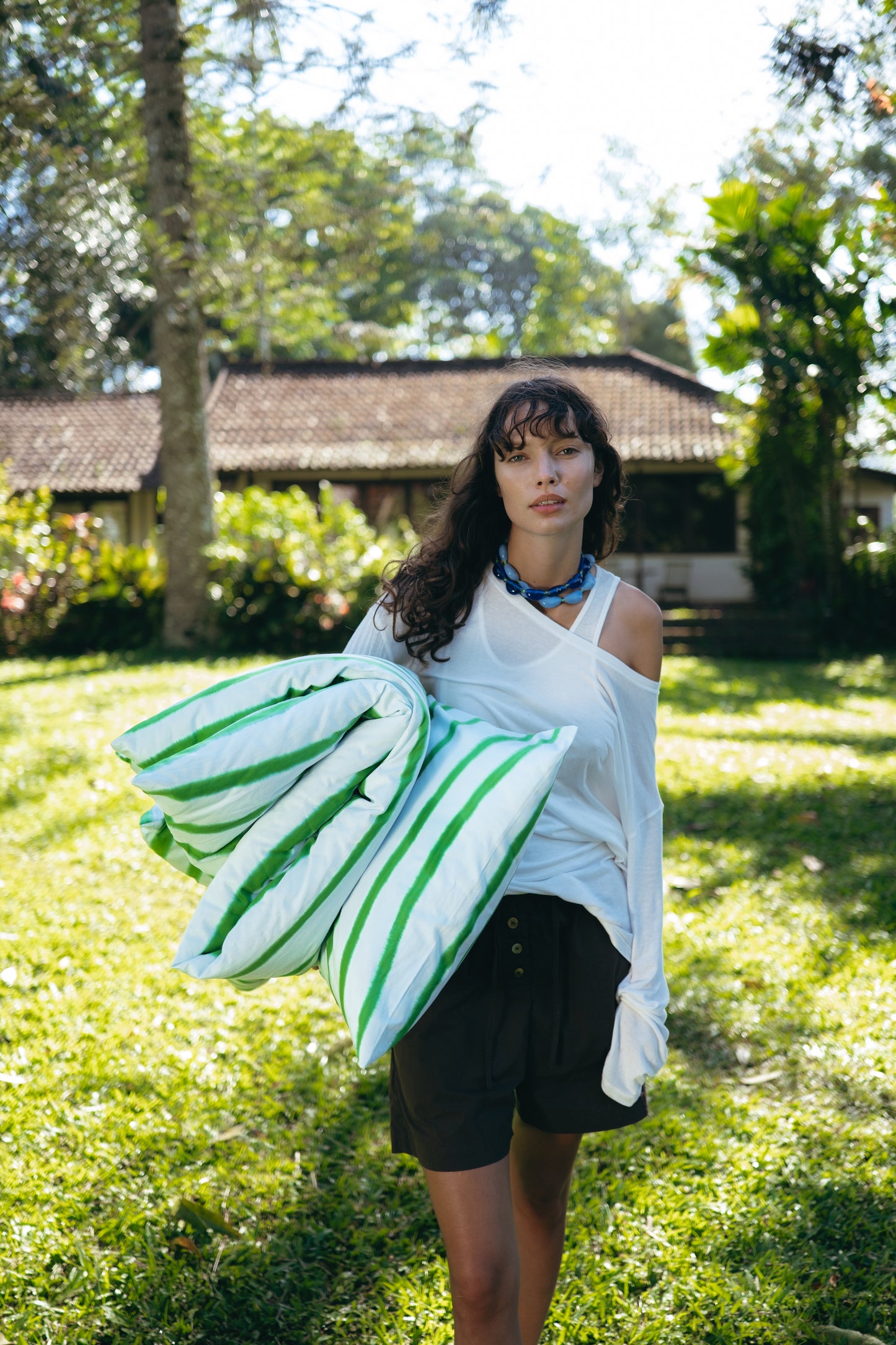 Striped Mattress and Pillow Cover Set Blue Green